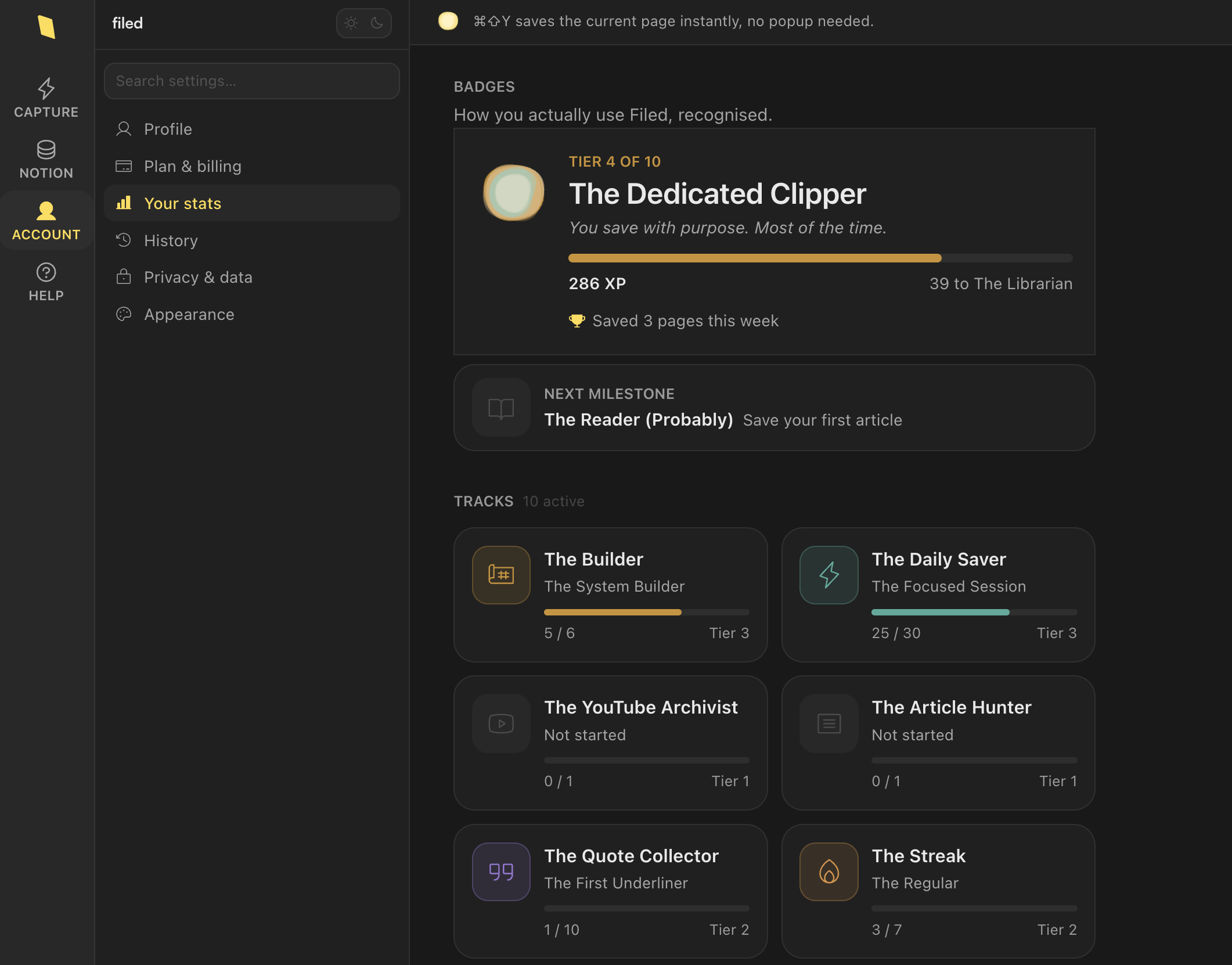 The Filed badge system stats page showing XP tracks, milestones, and progress